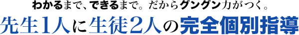 わかるまで、できるまで。だからグングン力がつく。先生1人に生徒2人の完全個別指導。